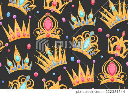 Vector seamless pattern with golden crowns and precious stones on dark background. Texture with royal insignia. Luxury Wallpaper 122381544