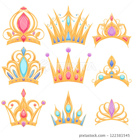 Vector set of golden crowns and tiaras in cartoon style. Collection of tiaras and crowns of kings and queens. Luxury signs of monarchy Vector set of golden crowns and tiaras in cartoon style. Collection of tiaras and crowns of kings and queens. Luxury signs of monarchy 122381545