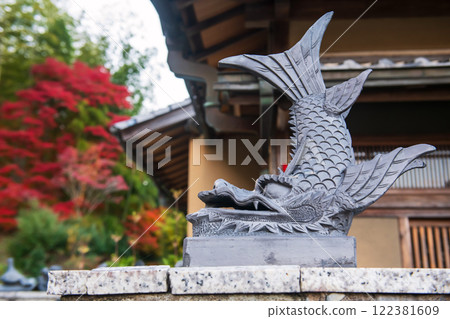 Shachihoko on wall at Adashino temple in fall, Arashiyama 122381609