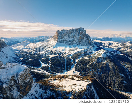 Aerial drone view of the Gardena Pass in the Dolomites Aerial drone view of the Gardena Pass in the Dolomites 122381710