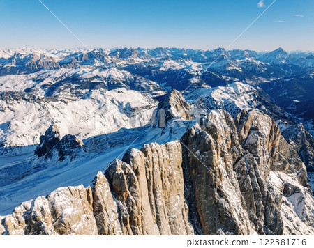 Aerial drone view of the Marmolada mountain in the Dolomites 122381716