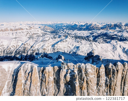Aerial drone view of the Marmolada mountain in the Dolomites 122381717