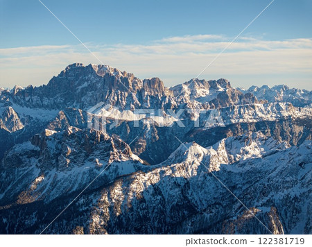 Aerial drone view of the Marmolada mountain in the Dolomites 122381719