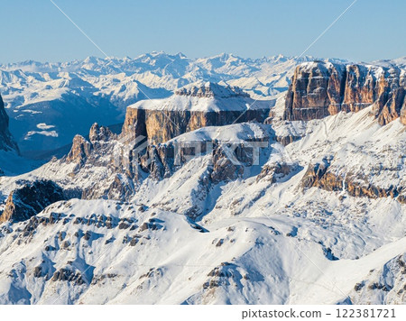 Aerial drone view of the Marmolada mountain in the Dolomites 122381721
