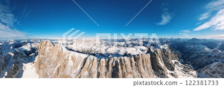 Aerial drone panorama of the Marmolada mountain in the Dolomites Aerial drone panorama of the Marmolada mountain in the Dolomites 122381733