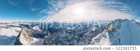 Aerial drone panorama of the Marmolada mountain in the Dolomites Aerial drone panorama of the Marmolada mountain in the Dolomites 122381735