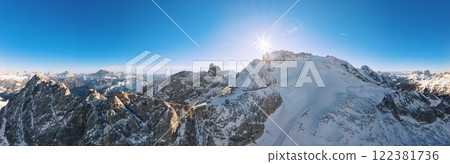 Aerial drone panorama of the Marmolada mountain in the Dolomites 122381736