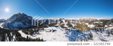 Aerial drone panorama of the Col dei Baldi locality, in Alleghe, Italy 122381740