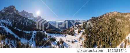 Aerial drone panorama of the Piani di Pezze, in Alleghe, Italy 122381741