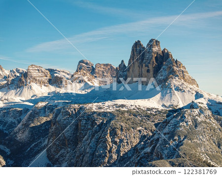 Aerial drone view of the Tre Cime di Lavaredo in the Sexten Dolomites 122381769
