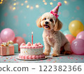 Cute dog celebrates birthday with cake, balloons, and party hat in festive atmosphere 122382366