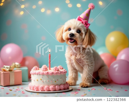 Cute dog celebrates birthday with cake, balloons, and party hat in festive atmosphere 122382366