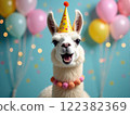 Llama wearing a birthday hat and necklace smiles joyfully in front of colorful balloons 122382369