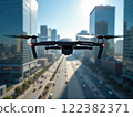 Flying drone captures city skyline and busy street activity in bright daylight 122382371
