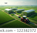 Innovative farming techniques showcased with a tractor and drone in a green landscape 122382372