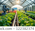 Advanced robotics enhance efficiency in smart greenhouse farming during sunrise 122382374
