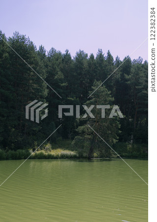 Picturesque view of forest lake with clear water surface reflecting green trees and blue sky. The shore is covered with dense coniferous and deciduous trees. Film photography effect and grunge effect. Picturesque view of forest lake with clear water surface reflecting green trees and blue sky. The shore is covered with dense coniferous and deciduous trees. Film photography effect and grunge effect. 122382384