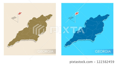Georgia country flag installed on geographic positioning map point of country territory. Georgian commonwealth banner on land and sea. Festive patriotic HD format template for independence day 122382459