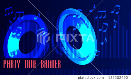 Horizontal special offer music party background with music speakers and notes flying, cover, site presentation in HD format. UI template layout for web design of internet advertising. Vector banner Horizontal special offer music party background with music speakers and notes flying, cover, site presentation in HD format. UI template layout for web design of internet advertising. Vector banner 122382460