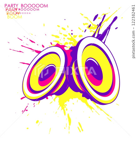 Music speakers and notes droped with colored blots and dots of paint splatter. Template layout for disco web design of internet advertising. Isolated vector on white background 122382461