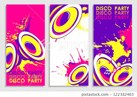 Set of vertical flyers with music speakers and notes droped with colored blots and dots of paint splatter. Templates for party invitation, banners, brochures print. Vector on white, blue background Set of vertical flyers with music speakers and notes droped with colored blots and dots of paint splatter. Templates for party invitation, banners, brochures print. Vector on white, blue background 122382463