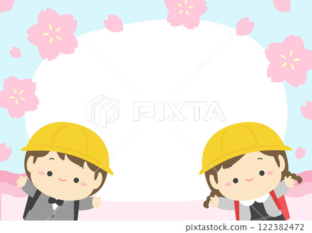 Spring background illustration of cherry blossoms and petals and elementary school students at the entrance ceremony 02 122382472