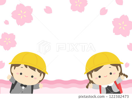 Spring background illustration of cherry blossoms and petals and elementary school students at the entrance ceremony 03 122382473