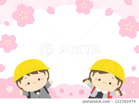 Spring background illustration of cherry blossoms and petals and elementary school students at the entrance ceremony 04 122382474