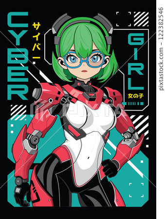 Anime girl poster in manga style. Tokyo Japan anime girl with concept of virtual reality, retro, futurism, futuristic, cyberpunk. Japanese y2k vector illustration. Kanji translation is Cyber Girl 122382546
