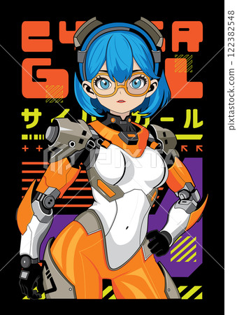 Anime girl poster in manga style. Tokyo Japan anime girl with concept of virtual reality, retro, futurism, futuristic, cyberpunk. Japanese y2k vector illustration. Kanji translation is Cyber Girl Anime girl poster in manga style. Tokyo Japan anime girl with concept of virtual reality, retro, futurism, futuristic, cyberpunk. Japanese y2k vector illustration. Kanji translation is Cyber Girl 122382548