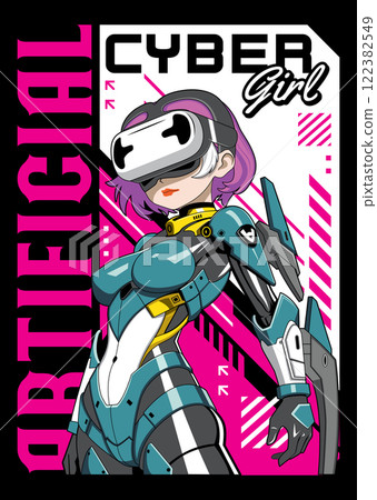 Anime girl poster in manga style. Tokyo Japan anime girl with concept of artificial intelligence, virtual reality, retro, futurism, futuristic, cyberpunk. Japanese y2k vector illustration 122382549