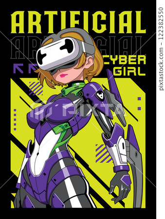 Anime girl poster in manga style. Tokyo Japan anime girl with concept of artificial intelligence, virtual reality, retro, futurism, futuristic, cyberpunk. Japanese y2k vector illustration 122382550