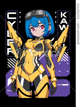 Anime girl poster in manga style. Tokyo Japan anime girl with concept of virtual reality, retro, futurism, futuristic, cyberpunk. Japanese y2k vector illustration. Kanji translation is Cyber Kawaii 122382553