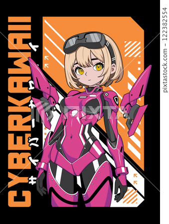 Anime girl poster in manga style. Tokyo Japan anime girl with concept of virtual reality, retro, futurism, futuristic, cyberpunk. Japanese y2k vector illustration. Kanji translation is Cyber Kawaii 122382554