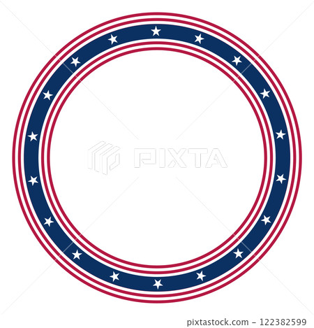 Clear round frame with elements of the US flag, isolated on a transparent background. Abstract photo frame for American national holidays. Place for text or photo. Vector illustration Clear round frame with elements of the US flag, isolated on a transparent background. Abstract photo frame for American national holidays. Place for text or photo. Vector illustration 122382599