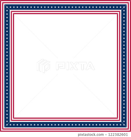 Empty square frame with elements of the US flag, isolated on a transparent background. Abstract photo frame for American national holidays. Place for text or photo. Vector illustration 122382601