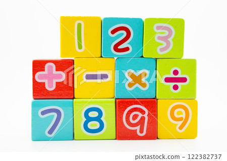 Number wood block cubes for learning Mathematic, education math. 122382737