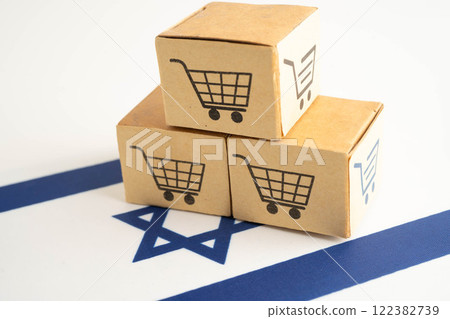 Israel shopping cart box on Venezuala flag, import export, finance commerce. Israel shopping cart box on Venezuala flag, import export, finance commerce. 122382739