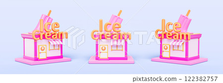 3d set of ice cream shop or cafe building front and side view. Cartoon render of pink icecream store exterior with entrance door, window, awning, gold sign. Street food market stall. 3D illustration 3d set of ice cream shop or cafe building front and side view. Cartoon render of pink icecream store exterior with entrance door, window, awning, gold sign. Street food market stall. 3D illustration 122382757