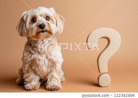 A dog with a question mark and a simple background 122382806