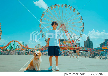 一個男孩和他的狗在摩天輪前擺姿勢的夏日回憶 122382829
