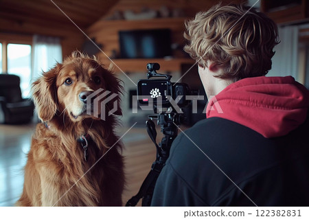 A golden retriever and a creator watching a video shoot 122382831