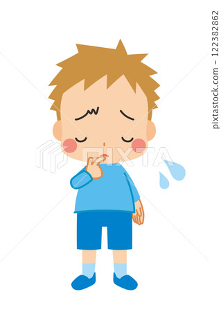 一個可愛男孩低頭沮喪的插圖，全身，白色背景，剪貼畫，向量 122382862