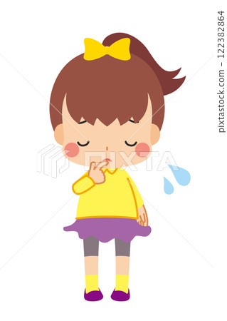 一個可愛的女孩低頭沮喪的插圖，全身，白色背景，剪貼畫，向量 122382864