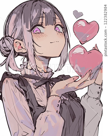 Illustration of a woman giving handmade chocolates on Valentine's Day 122382984