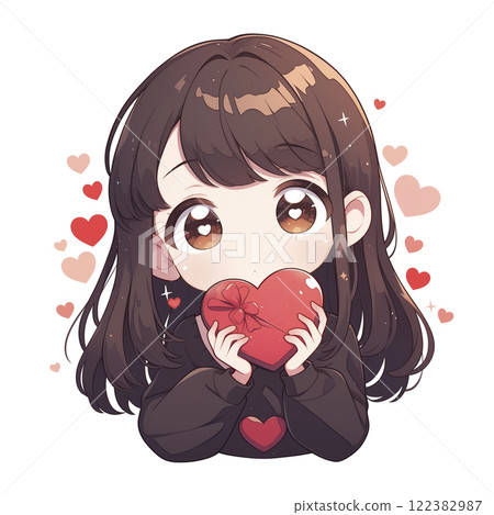 Illustration of a woman giving handmade chocolates on Valentine's Day 122382987