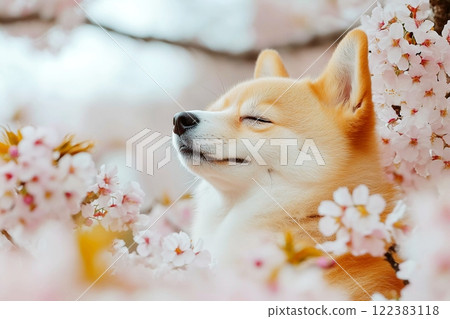 櫻花盛開的柴犬,感受春天的氣息 櫻花盛開的柴犬,感受春天的氣息 122383118