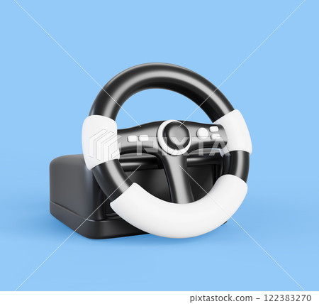3d gaming driving steering wheel, controller for computer video games, car simulator and arcade racing. Realistic render of videogame equipment, electronic device for sport race on pc. 3D illustration 122383270