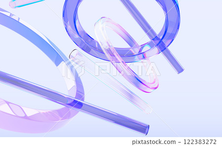 Abstract holographic 3d background with glass transparent circular rings and tubes render. Iridescent crystal light geometric pattern. Fashion banner with floating gradient figures. 3D illustration 122383272