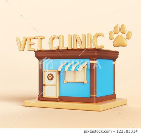 Vet clinic building exterior 3d render. Veterinary animal hospital office cartoon facade for treatment dogs and cats. City architecture construction, medical health care institution. 3D illustration 122383314